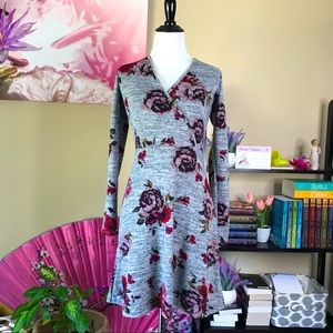 ✨NWOT Gray Faux Wrap Floral Knit Holiday Sweater Dress